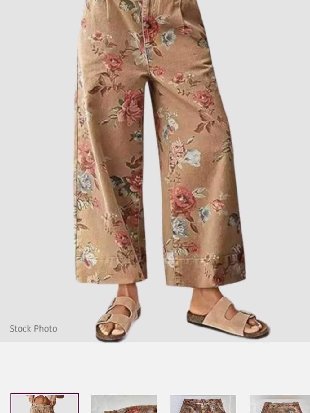 Floral Wide-Leg Pull-On Pants in Tan